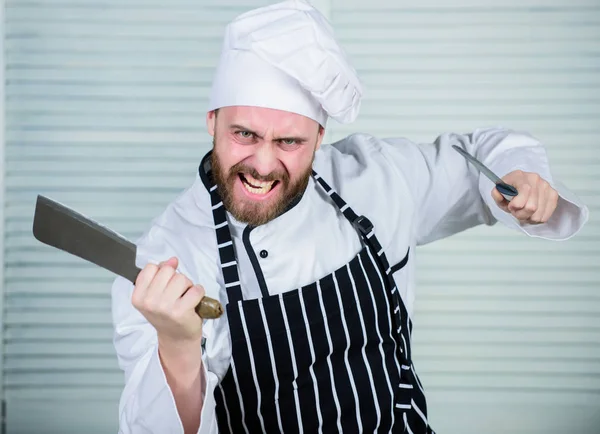 Too much salt. chef ready for cooking. cook in restaurant, uniform. angry bearded man with knife. love eating food. confident man in apron and hat. Professional in kitchen. culinary cuisine