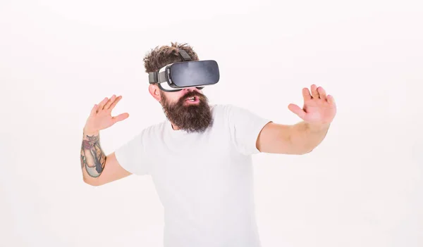 Hipster play virtual sport game. Man bearded gamer VR glasses white background. Virtual reality game concept. Cyber sport. Guy with head mounted display interact virtual reality. Virtual activity — Stock Photo, Image