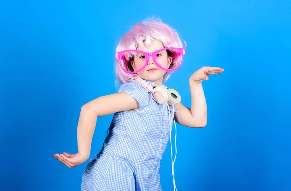 On sound wave with technology. Small child wearing wireless stereo headphones in party style. Technology and music. Stereo sound technology. Modern technology — Stock Photo, Image