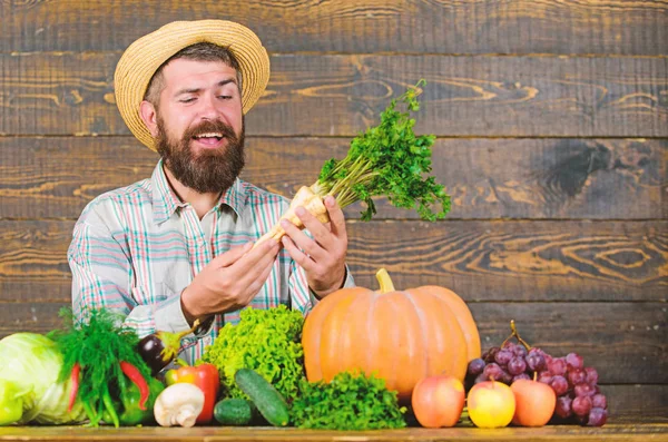 Αγροτική χωριάτικη εμφάνιση. Ο άνθρωπος χαρούμενα γενειοφόρος αγρότης κατέχουν horseradish ξύλινο υπόβαθρο. Καλλιεργήστε βιολογικές καλλιέργειες. Αγρότης ψάθινο καπέλο παρουσιάζει φρέσκα λαχανικά. Γεωργός με εγχώρια συγκομιδή — Φωτογραφία Αρχείου