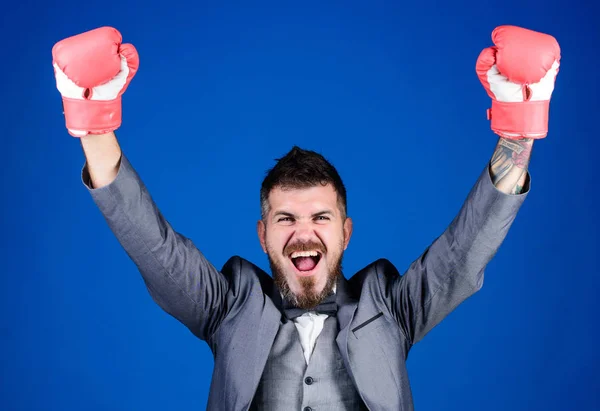 Businessman wear boxing gloves. Best criminal defense lawyer strategies. Attack and defense concept. Tactics proven to work. Achieve success. Criminal defense lawyer planning out strategies — Stock Photo, Image
