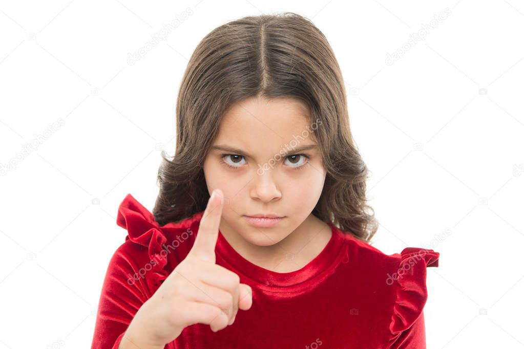 You are warned. Girl kid threatening with fist isolated on white. Strong temper. Threatening with physical attack. Kids aggression concept. Aggressive girl threatening to beat you. Dangerous girl