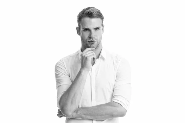 Bebaarde man. Mode portret van de mens. Mannenmode. Zakenman. man op wit wordt geïsoleerd. Business. Gelaatsverzorging. Business coach. Tevreden met werk. Hij moet een deskundig advies — Stockfoto