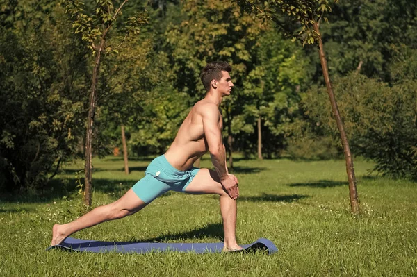 fitness. muscular man training on fitness mat outdoor. summer activity fitness. fitness man on green grass. stretching.