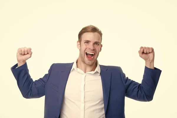 Guy formal clothes shouting and celebrating success. Businessman happy emotional face excited about success. Successful project concept. Entrepreneur satisfied with deal. Man cheers success