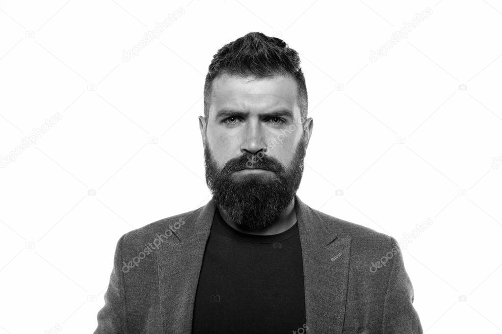 time for new haircut. Bearded man. Confident and handsome Brutal man. Getting beard haircut by hairdresser at barbershop. Male barber care. Mature hipster with beard. Hair and beard care