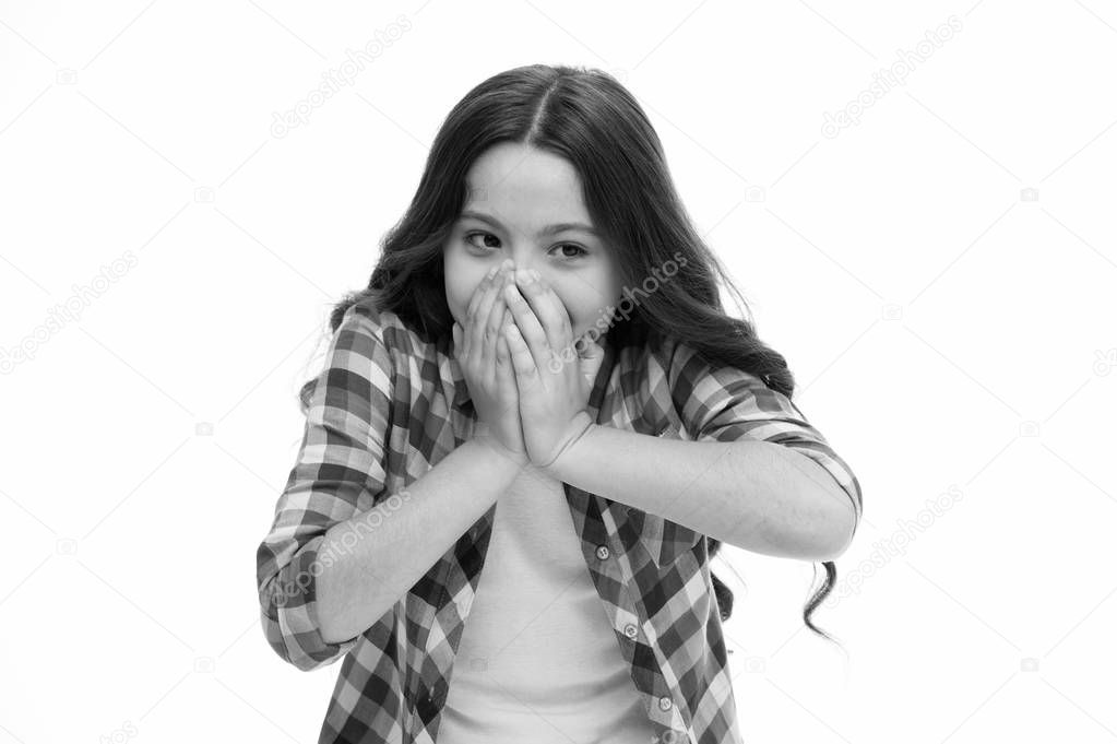 Oh my God. Kid stunned overwhelmed emotion can not believe her eyes. Child surprised shocked face isolated white background. Kid girl long curly hair surprised stunned. Girl curly hairstyle wondering