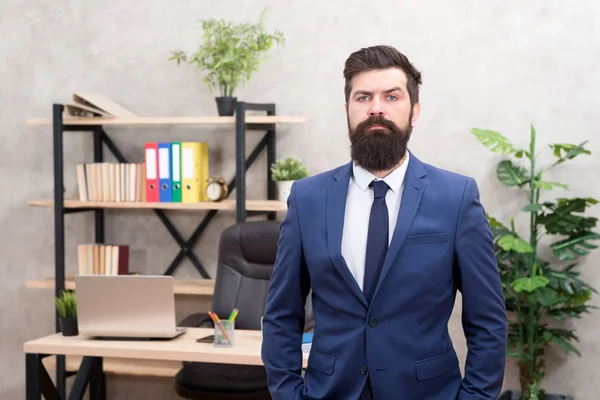 Office staff. HR director. HR management. HR job description. Head of human resources department. Man bearded serious office background. Provide consultation to management on strategic staffing plans