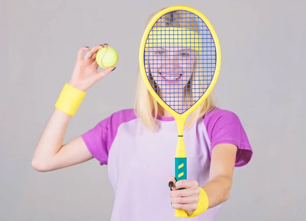 Tennis club concept. Tennis sport and entertainment. Active leisure and hobby. Girl fit slim blonde play tennis. Sport for maintaining health. Active lifestyle. Woman hold tennis racket in hand — Stock Photo, Image