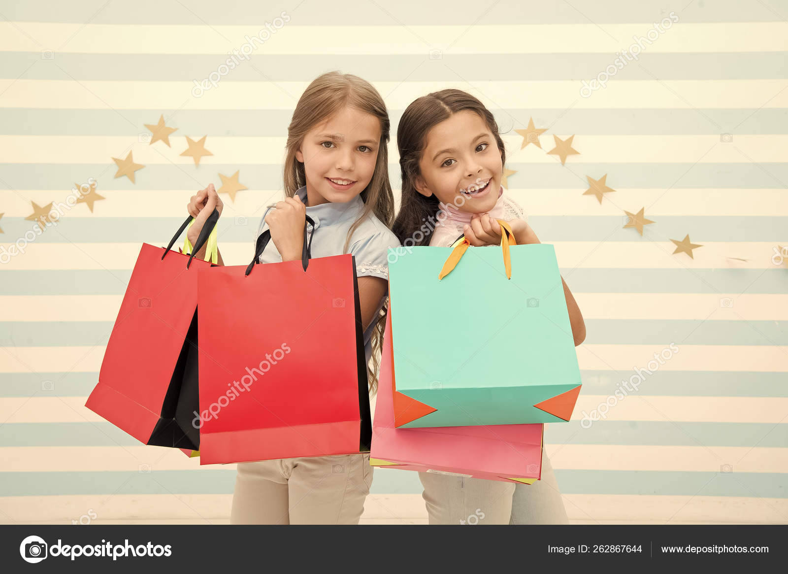 Shopping Kids Small Girls Children With Packages After Shopping Day Small Girls Kids With Paper Bags Stock Photo By C Stetsik
