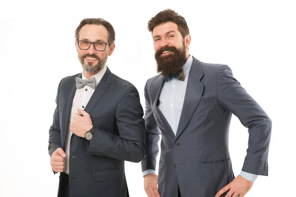 Inspired to work hard. Men entrepreneurs white background. Business team. Business people concept. Men bearded wear formal suits. Well groomed business men. Successful partnership. Achieve success — Stock Photo, Image