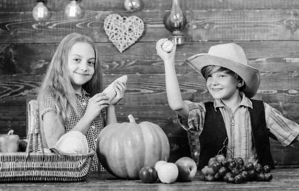 I bambini giocano pannocchie verdure sfondo in legno. Ragazzo ragazza bambini celebrare festa del raccolto in stile rustico. Vacanze scolastiche. Idea del festival autunnale della scuola elementare. Festeggia la festa del raccolto — Foto Stock