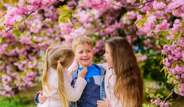 春休みおめでとう花で迷子になった桜の近くでポーズをとる女の子と男の子の友達。桜の背景のピンクの花の子供たち。桜を楽しむ子供たち。子供たちは暖かい春を楽しむ — ストック写真