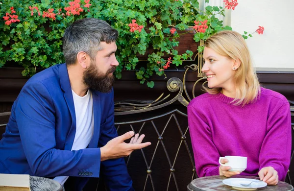 Meeting people first date. Couple terrace drinking coffee. Casual meet acquaintance public place. Romantic couple. Normal way to meet and connect with other single people. Meet become acquaintances — Stock Photo, Image