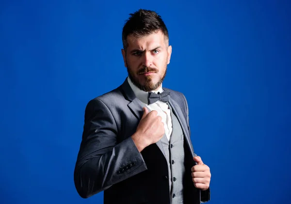 Businessman formal outfit. Classic style aesthetic. Perfect suit fit him. Menswear shop. Man adjust suit with bow tie. Well groomed man with beard in formal suit jacket. Male fashion and aesthetic