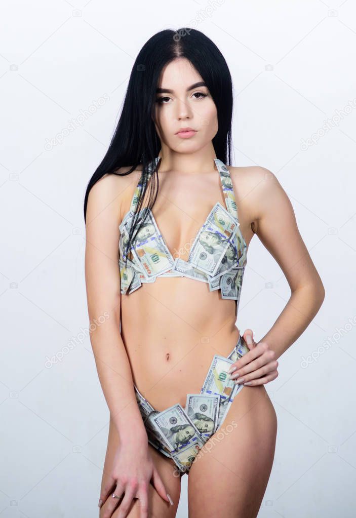 The girl and the cash. dollar bikini fashion. perfect body. body trade. illegal business. sexy woman in summer swimsuit. money girl in erotic lingerie. investment in yourself. business success