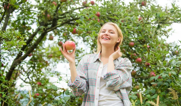 Woman hold apple green garden background. Organic natural product. Girl gather apple harvest in own garden. Farmer girl hold apple. Local crops concept. Healthy lifestyle. Eat fruits every day