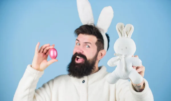 Подивіться, що я знайшов. Хіпстер милий кролик синій фон. Великодній кролик. Мій дорогоцінний. Веселий кролик з бородою і вусами тримає рожеве яйце. Великодній символ концепції. Бородатий чоловік носить вуха кролика. Полювання на яйця — стокове фото