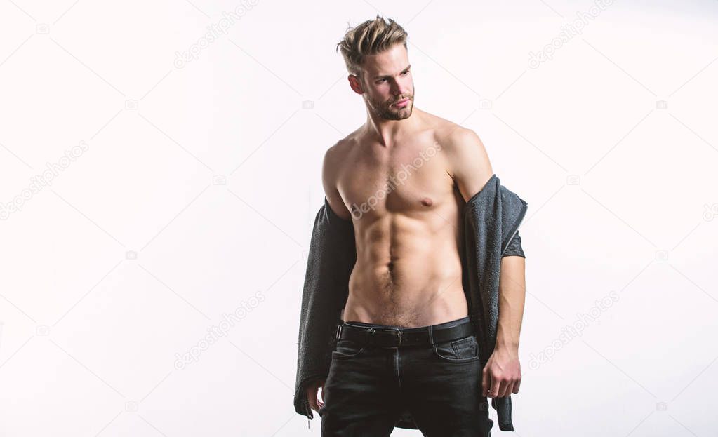 Male fashion and beauty. Sexy muscular macho. Fitness diet. Desire and temptation. Six pack of sexy man with bare torso. Athlete man, hair care. Muscular trainer after sport workout. Young expertise