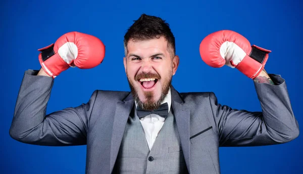 Successful businessman. Criminal defense lawyer planning out strategies. Businessman wear boxing gloves. Best criminal defense lawyer strategies. Tactics proven to work. Attack and defense concept — Stock Photo, Image