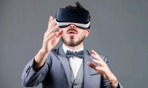 Business man virtual reality. Innovation and technological advances. Business implement modern technology. Businessman explore virtual reality. Technology for business. Digital surface interaction — Stock Photo, Image