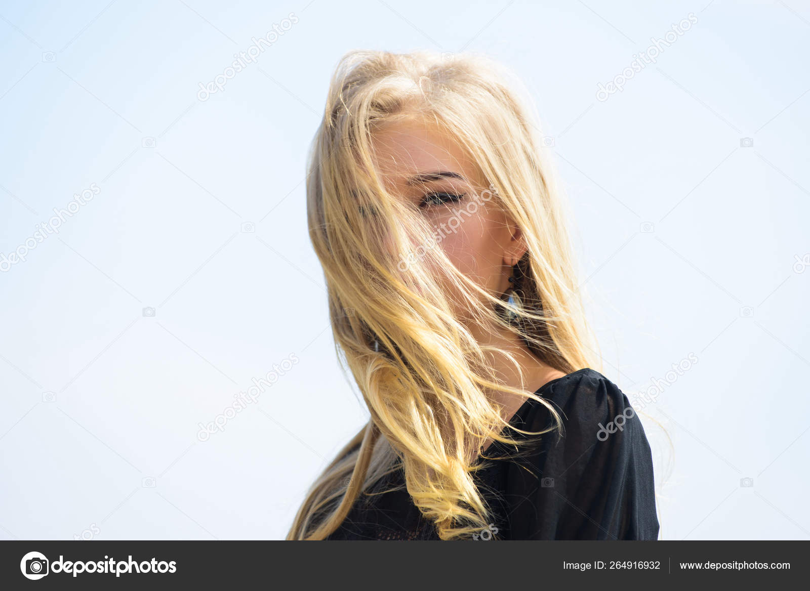 Girl Tender Blonde Makeup Face Sky Background Bleaching Roots