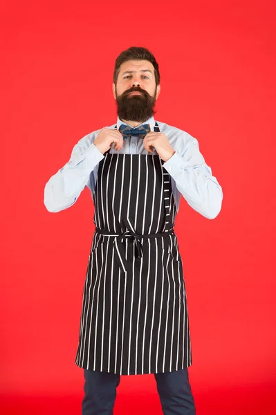 His style works really well to compliment beard. Bearded man fixing bow tie in bib apron. Elegant hipster with bearded face. Bearded bartender or cook in work uniform. Long bearded waiter or servant