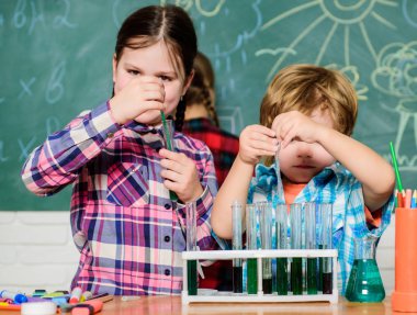 Öğretmen ve öğrenciler sınıfta test tüpleri. Kimya temalı kulüp. Maddelerin özelliklerini birlikte keşfedin ve keşfedin. İlgi alanları ve konu kulübü. Büyük çocuklar daha genç yardım. Okul kulübü eğitimi