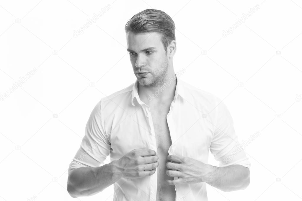 Working dress code. White collar worker. Man well groomed put on fresh shirt white background. Worker ready work office. Guy office worker handsome dressing for working day. Formal dress code