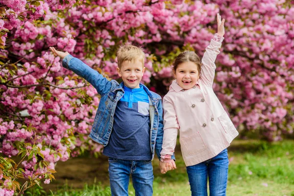 Un paio di bambini camminano nel giardino dell'albero di sakura. Dolci sentimenti d'amore. Ragazzina e ragazzo. Appuntamento romantico. Primavera per innamorarsi. Bambini innamorati di fiori di ciliegio rosa. L'amore è nell'aria. Bambini romantici — Foto Stock