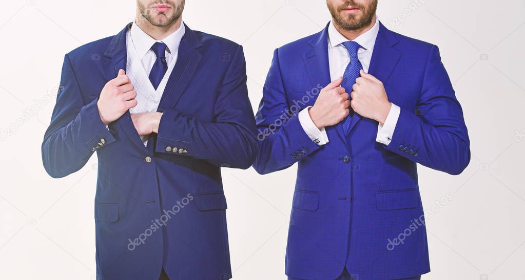 Business style dress code. Male hands adjusting business suit close up. Confident in his style. Business people choose formal clothing. Every detail matters. Stylish details business appearance