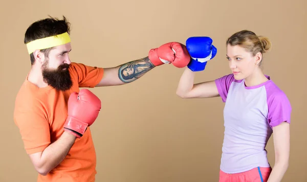 Family battle. Boxing sport concept. Couple girl and hipster practicing boxing. Sport for everyone. Amateur boxing club. Equal possibilities. Strength and power. Man and woman in boxing gloves — Stock Photo, Image