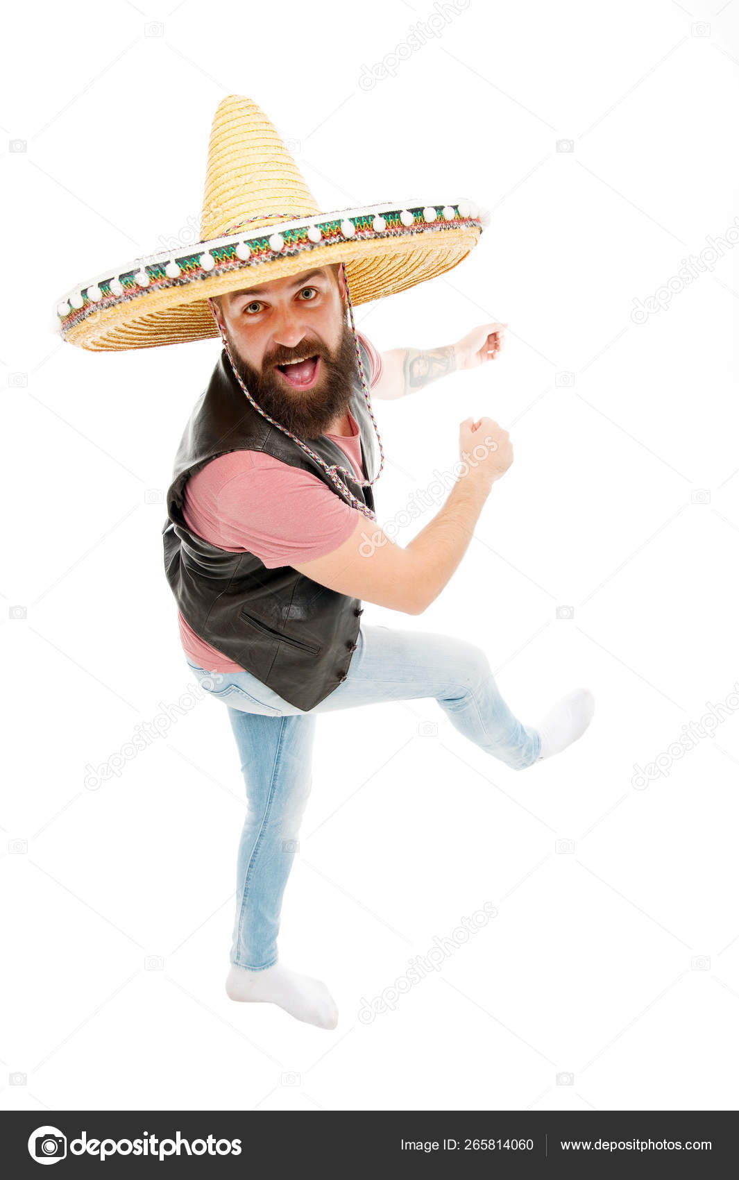 Mexican energetic temper. Man bearded cheerful guy wear sombrero mexican  hat. Mexican party concept. Celebrate traditional mexican holiday. Guy happy  cheerful face having fun dancing and jumping — Stock Photo © stetsik  #265814060, image size:1065x1700