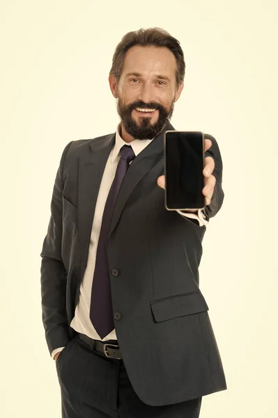 Businessman formal suit holds smartphone. Man bearded businessman use modern mobile phone. Checking email or sending message. Smartphone gives opportunities. Business communications — Stock Photo, Image