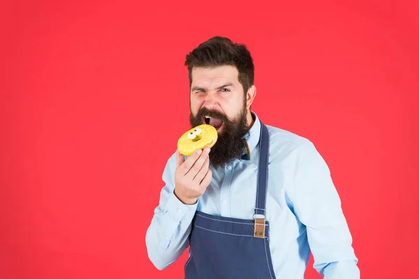 Hipster barbudo panadero mantenga rosquilla vidriada sobre fondo rojo. Concepto de cafetería y panadería. Un dulce donut de panadero. Hombre barbudo panadero en delantal de cocina celebrar lindo postre. Maneras de reducir el hambre y el apetito — Foto de Stock