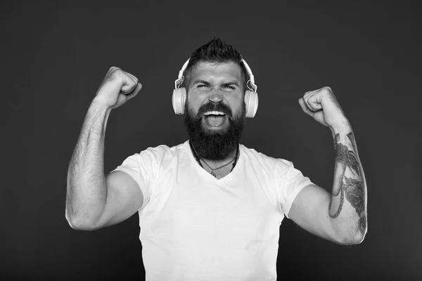 Cuidado de la barba. Cuidado de peluquero masculino. Hombre barbudo. Un hombre brutal, seguro y guapo. Hipster maduro con barba. hombre feliz expresando éxito. hipster en auriculares. amante de la música. permanecer en línea. belleza masculina . — Foto de Stock