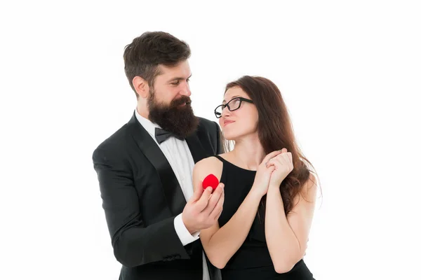 Ideas for unique marriage proposal. Couple celebrate anniversary relations. Hope she likes ring. Proposal of marriage concept. Man hold red box romantic proposal. Will you marry me. About to say yes