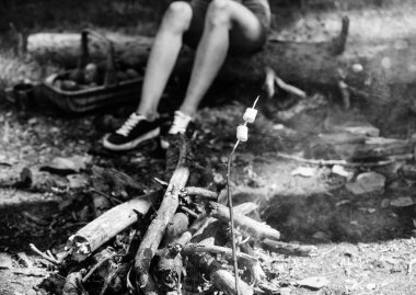 Kamp geleneği. Şenlik ateşi ve arka plan üzerinde duman ile Stick Marshmallow. Hatmi sopa üzerinde tutarak. Roasty, sıcak şekerleme piknik özetin özeti böyle tadına. Nasıl şekerleme kızartmak için