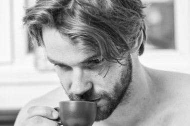 İlk yudum. Her sabah kahvesini ile. Sakallı yakışıklı maço tutun fincan kahve dostum. Bir fincan kahve için en iyi zaman. Adam çekici görünümü zevk sıcak taze yapılmış kahve kadar yakın