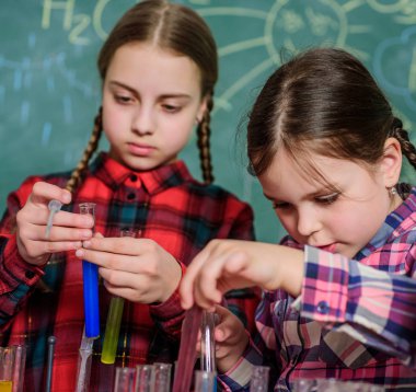 Okulun kimya laboratuvarı. Okula dönüyorum. Eğitici bir kavram. Kimya sınıfındaki öğrenciler. Mutlu çocuklar. Çocuklar, bilim adamları laboratuarda deneyler yapıyor. Yoğunlaşmış kızlar iş başında..