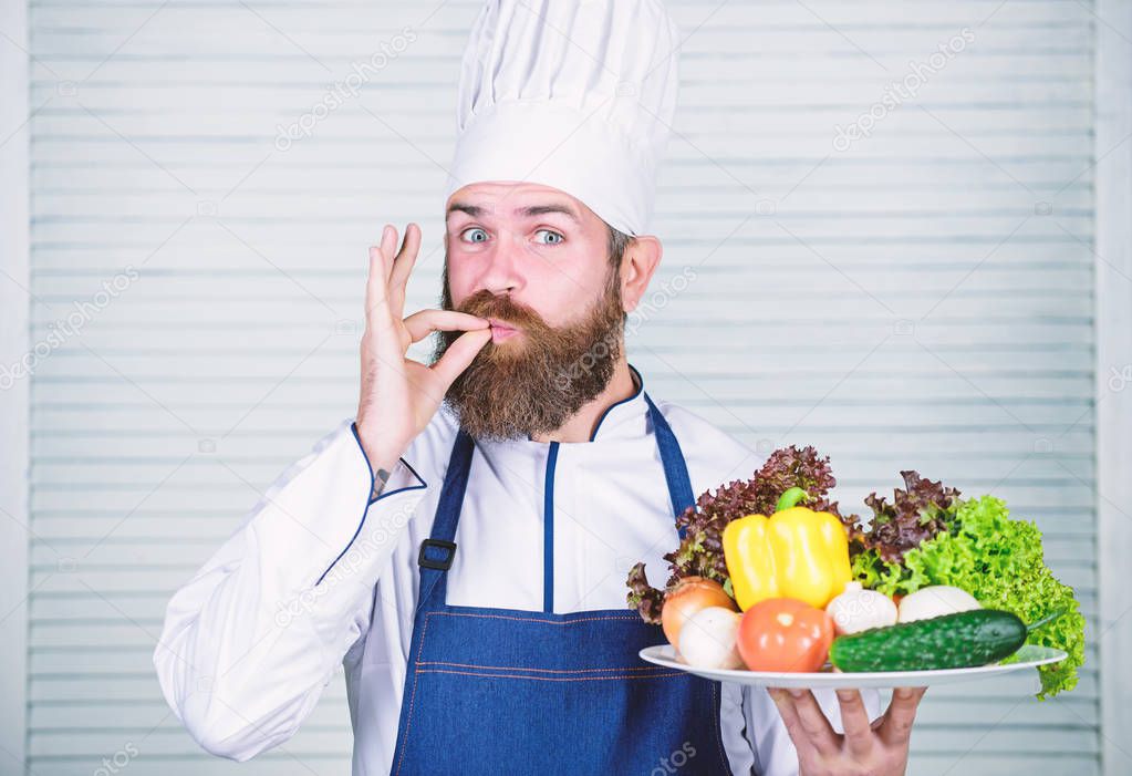 Cuisine culinary. Vitamin. Healthy food cooking. Mature hipster with beard. Dieting organic food. Vegetarian salad with fresh vegetables. Happy bearded man. chef recipe. Shopping day