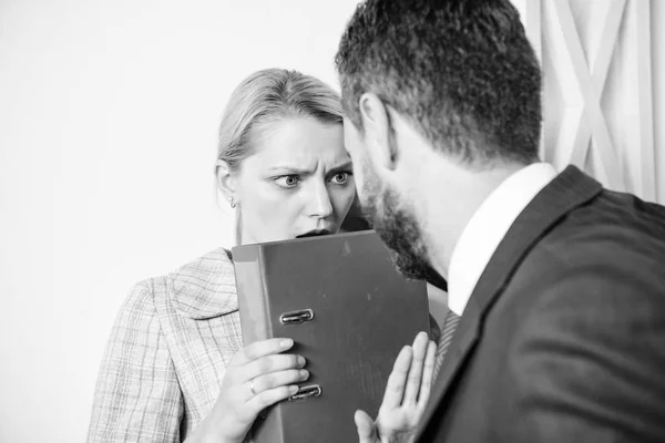 Movement against sexual harassment. Manager putting his hand on the shoulder of his secretary, at the office. Abusive boss. — Stock Photo, Image