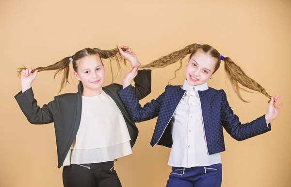 Penteado de rabo de cavalo duplo. As meninas gostam de ter cabelos longos. Penteado para mulher. Amigos alegres fizeram o mesmo penteado para se divertir. Parecemos irmãs. Melhores amigos para sempre. Cabelo longo penteado dicas — Fotografia de Stock