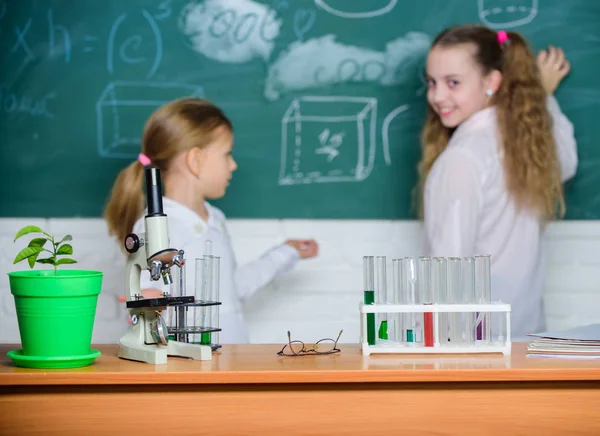 Smart cuties. School children in science classroom. Microscope and laboratory equipment. Laboratory in elementary school. Science laboratory for school and education. Laboratory school classroom