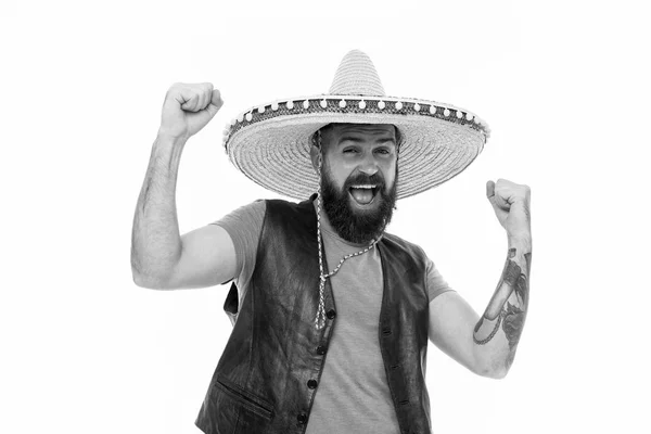 Unleashing his emotions. Mature hipster with beard. Bearded man. Male barber care. Hair and beard care. Confident and handsome Brutal man. mexican man on party. sombrero. mexico in look — Stock Photo, Image
