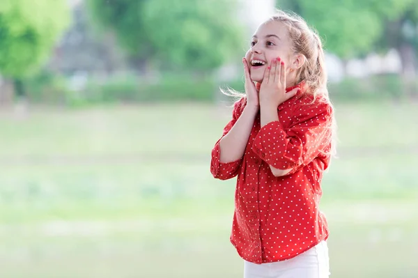 Wow shocking news. Surprise suits her. International childrens day. Surprising all the way. Surprise concept. Girl carefree child. Kid long hair walking. Summer holidays. Little child enjoy walk