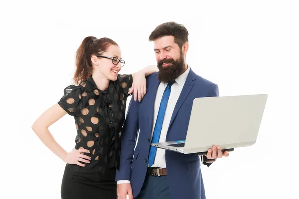 successful teamwork. Successful team of bearded man and sexy woman. Results and teamwork. Collaboration is a key to best results. Successful team at work. collaboration. successful business meeting