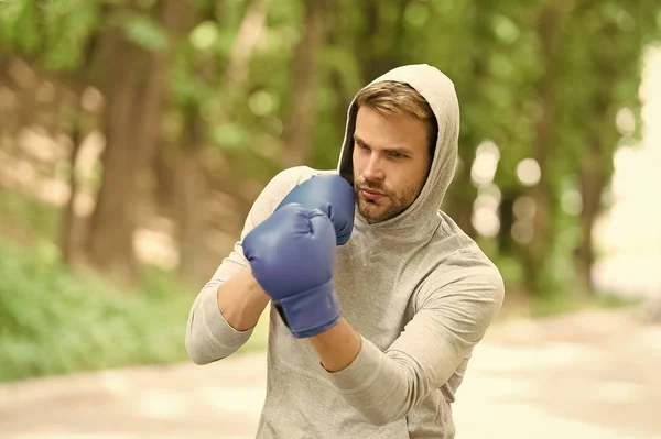 Sharpen his skill. Sportsman concentrated training boxing gloves. Athlete concentrated face sport gloves practice fighting skills nature background. Boxer handsome strict boxing. Sport camp concept