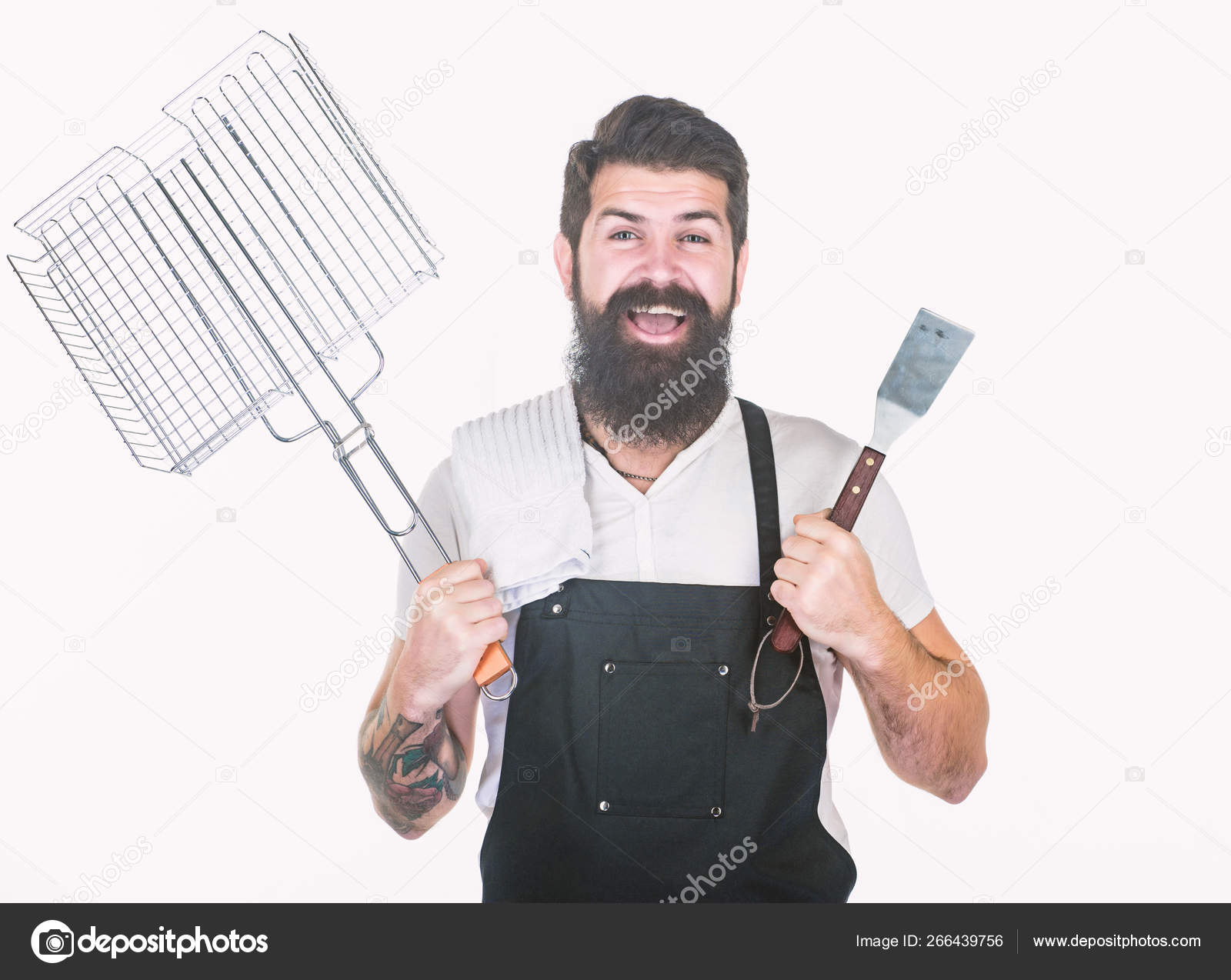 Bbq Is A Feast Cook Holding Portable Grilling Basket And Spatula Bearded Man With Barbecue 