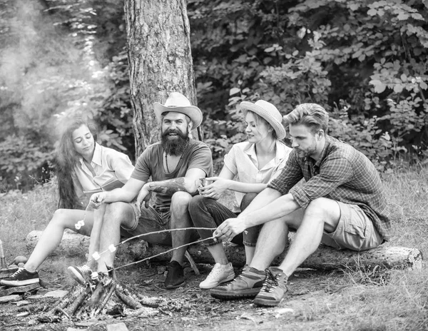 Bästa vänner tillbringa fritid helg vandring grill skog natur bakgrund. Företaget vänner picknick eller grill nära brasa. Rostning marshmallows grill. Vänner njuta av helgen barbecue i skogen — Stockfoto